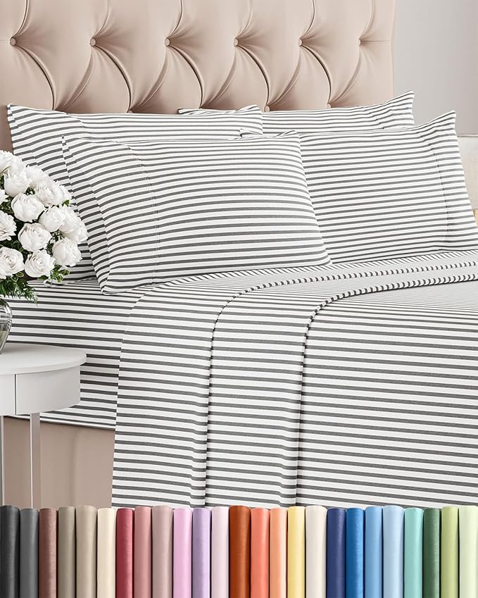Full 6 Piece Sheet Set - Cooling & Breathable Bed Sheets - Hotel Luxury Bed Sheets for Women, Men, Kids & Teens - Bedding w/Deep Pockets & Easy Fit - Soft & Wrinkle Free - Full Grey Stripes Sheets