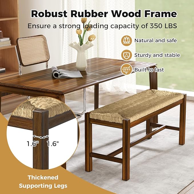 GOFLAME 40” Dining Bench, Farmhouse Boho Entryway Bench with Woven Seagrass Seat, End of Bed Bench with Rubber Wood Frame, Accent Indoor Bench for Bedroom, Dining Room, Living Room, Hallway