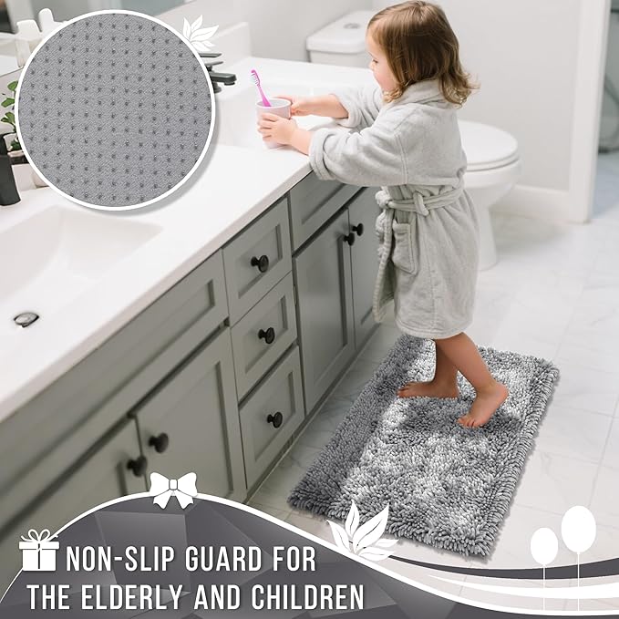 Yimobra Bathroom Rug Set 2 Piece, Luxury Shaggy Bath Mat Set with Non Slip Backing, Ultra Soft & Absorbent Mats for Bathroom Floor, Machine Washable, 44"x24"+24"x17", Light Grey