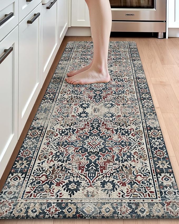 DEXI Kitchen Mats for Floor Cushioned, 23x86 Extra Large Long Runner Rug Non Slip, Waterproof Soft Comfort Standing Padded Anti Fatigue Decorative, Blue Red