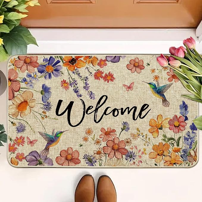 Wildflower Welcome Doormat 17"x29", Flower Spring Door Mat Indoor Entrance, Indoor Front Door mat, Non Slip Outdoor Entrance Mats, Low Profile Design Patio Porch Entryway Mats