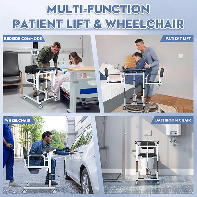 Drexo Patient Lift Transfer Chair, 5 in 1 Patient Lift Chair with 180°Split Seat, Height Adjustable Patient Transfer Chair with 4 Casters for Home Seniors Elderly, Load 450Lbs (Non-Fold, Silver)