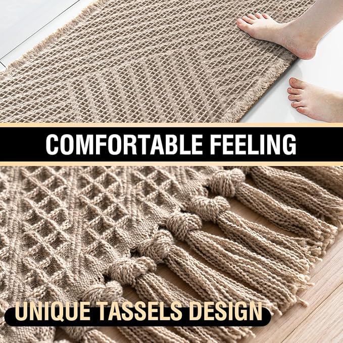 H.VERSAILTEX Waffle Bath Runner Rug Long Bath Mat Super Absorbent Boho Bath Rugs Non Slip Bath Runner for Bathroom Floor Machine Washable Dry Fast Bathroom Rugs with Tassels, 24" x 72", Irish Cream