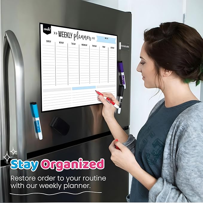 Cinch! 19x13-Inch Magnetic Whiteboard for Fridge - Weekly Calendar and Meal Planner - Stain Resistant Dry Erase Board with 4 Fine Tip Markers and Eraser - Magnetic Weekly Planner for Easy Scheduling