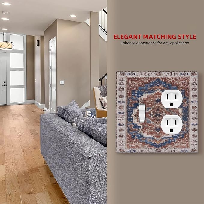 Vintage Orange Medallion Pattern Outlet Covers 2 Gang Combination 1 Toggle/1 Duplex Light Switch Cover Decorative Gfci Wall Plate Electrical Receptacle Switchplate Bathroom Decor