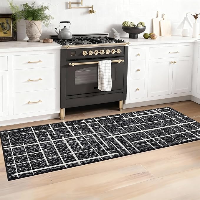 Washable Runner Rug 2x6, Modern Distressed Stripe, Kitchen Runner Rug Non Slip, Woven Thin No Shed Runners for Entryway, Kitchen, Laundry Room- Midnight Black
