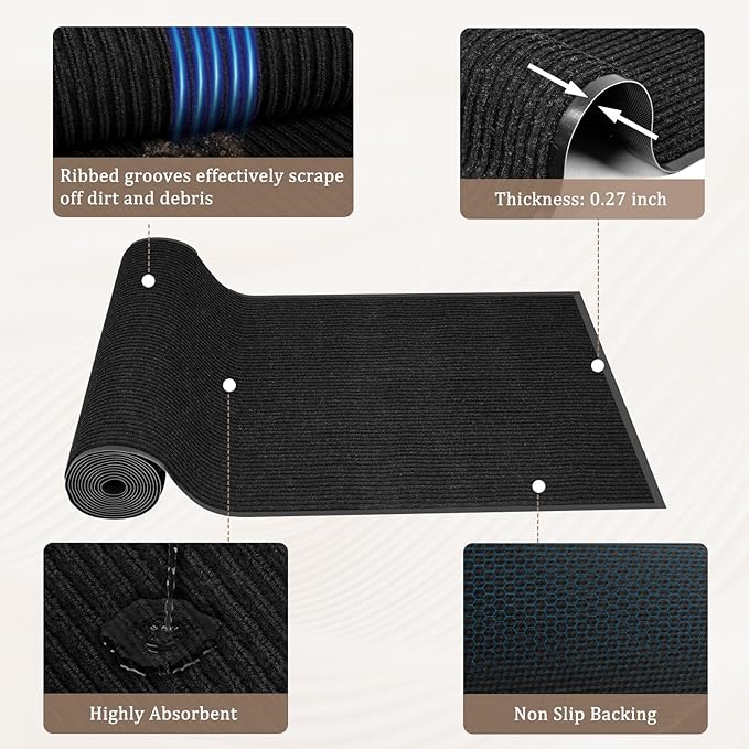2' X 6' Commercial Grade Hallway Runner Rug, Industrial Rug Heavy Duty Brush Step Entrance Mat Weather Utility Rug with Non Slip Rubber Backing, Commercial Traffic Guard Door Carpet, Jet Black