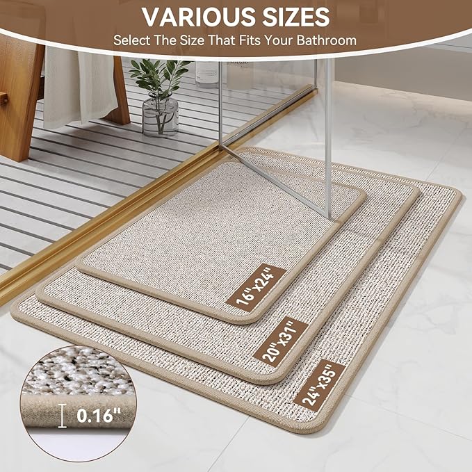 24"x35" Absorbent Quick Dry Bath Mats, Non-Slip Rubber Backing Bathroom Rug, Washable Bath Rugs for Bathroom Floor, Sink and Outside Shower, Low Pile Rug Fit Under Door, Minimalism, Brown