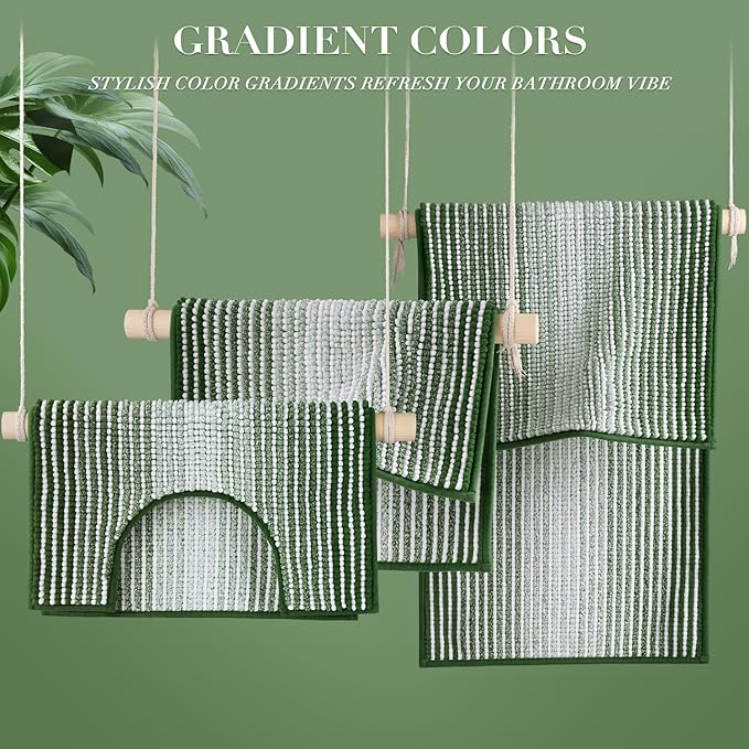 BSICPRO Bathroom Rugs Sets 3 Piece, Toilet Rugs U-Shaped Contour Bath Mat Set, Striped Absorbent Non Slip Chenille Shower Mat, Hunter Green