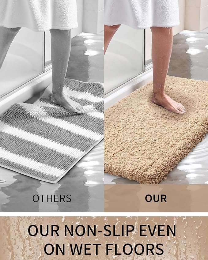 Bathroom Rugs 59x24, Ultra Thick Shaggy Soft Microfiber Absorbent Bath Rug, High Density Foam Latex Non Slip Backing, Machine Washable Bath Mats for Bathroom Floor & Sink, Beige