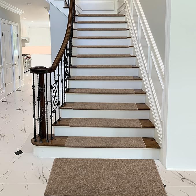 PURE ERA Bullnose Carpet Stair Treads Set Tape Free Non-Slip Indoor Stair Protectors Pet Friendly Rugs Covers Soft Skid Resistant Washable Reusable 9.5" x 30"(14 Pieces, Camel Brown)