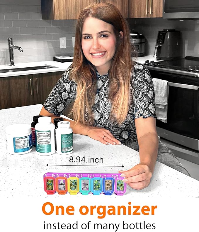Weekly Pill Organizer 1 time a Day – Pill Box 7 Day with Enhanced Waterproof Seal, Large compartments Hold Big Vitamins & Supplements, Upgraded Locking lids, for Home & Travel use, Durable Hard case