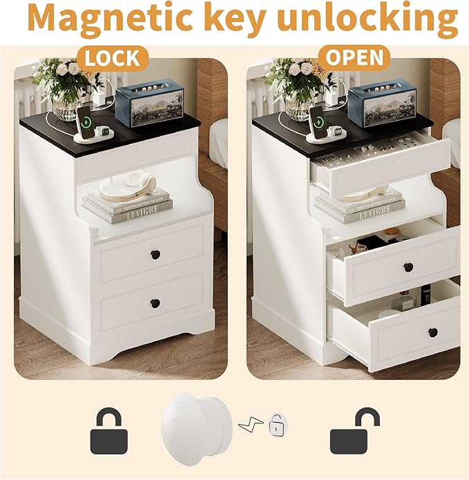 2Pcs Night Stand with Charging Station,Bedside Table with 2 Drawers,Farmhouse End Table and Nightstand,Small Side Table for Bedroom,Living Room