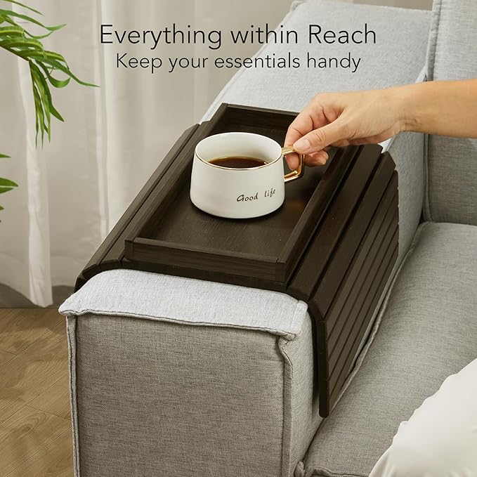 DETOR Sofa Arm Tray with Spacious 12.4" x 5.4" Storage Box, Black-Stained Bamboo Finish, Enhanced Non-Slip Felt Bottom, Sturdy Bamboo Slats, Fits Armrests 6" and Wider