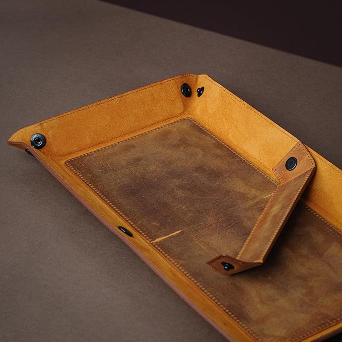 Handmade Leather Catch All Tray and Organizer for Keys, Phones, Jewels, Coins, Rectangular, Choco Brown