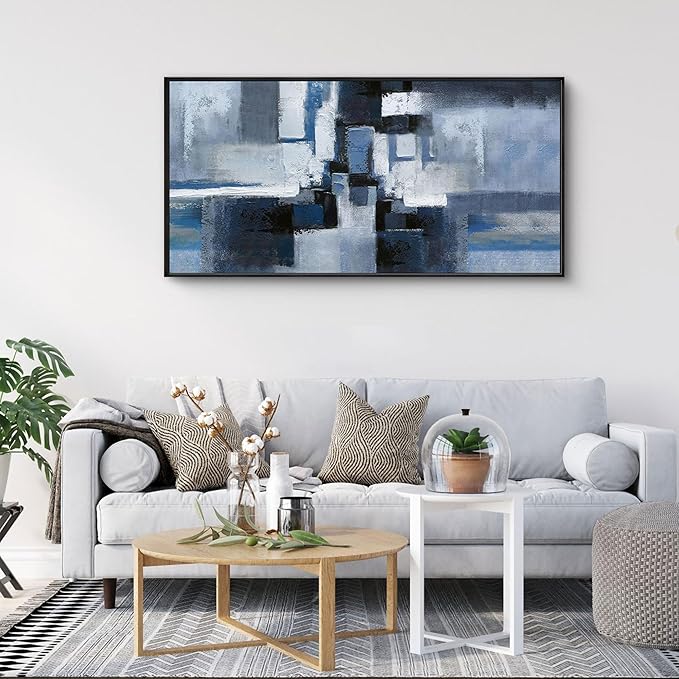 KLAKLA Large Abstracr Wall Art - Blue and Black Canvas Picture for Living Room Office Wall Decor Bedroom Art Framed Artwork Modern Wall Decoration 40x20 Inches