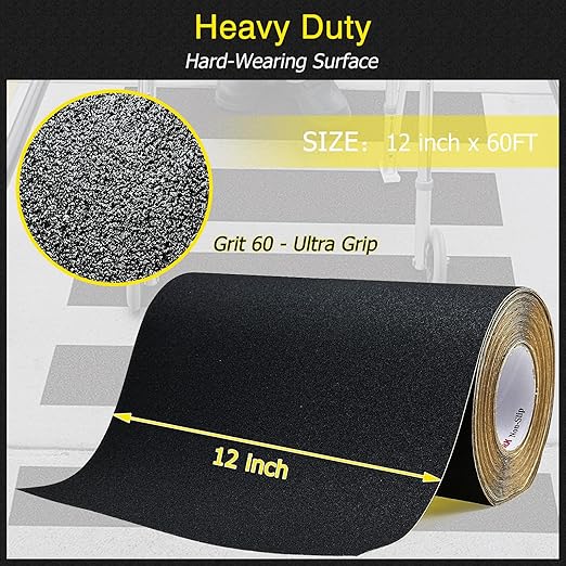 S&X Anti Slip Tape 12 Inch x 60 FT Roll Black Grit 60 Exceptional Traction Non-Slip Skid Grip Tape for Outdoor Stair Treads, Wooden Steps & Exterior Grips - Long-Lasting Tread Strips