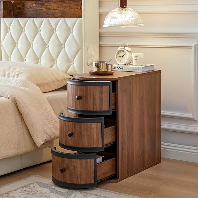 End Table with Charging Station for Couch,Mid-Century Modern Narrow Sofa Side Table with Drawer for Living Room,Small Bed Side Table for Bedroom (Walnut, MCM)