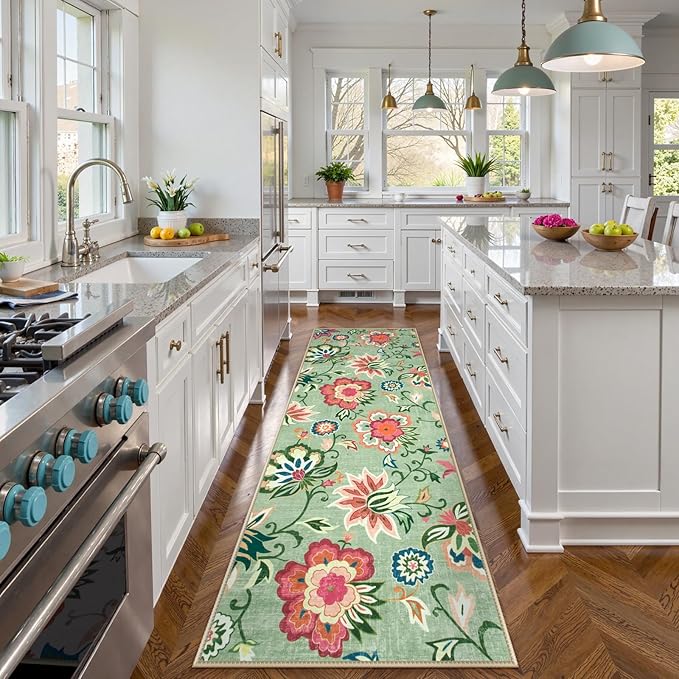 Beeiva Floral Runners for Hallways, Paisley Rug Runners 2x8 Washable with Ultra Thin Low Pile, Non Slip Rugs Carpet for Hall Way Kitchen Bathroom (Light Green,2'x8')