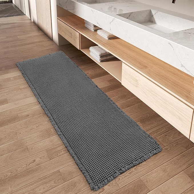 AMOAMI Upgraded Waffle Runner Rug Super Absorbent Non Slip Bath Mats for Bathroom Floor Machine Washable Bathroom Runner Rug with Tassels, Ideal for Hallway Bedroom Laundry Room, Dark Grey, 17" x 72"