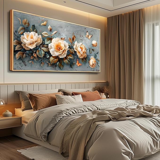 PHAOHUAXM Wall Art For Living Room Large Canvas Wall Decoration For Bedroom White Ink-Wash Flower Wood Frame Paintings Office Restaurant Room Mural Printing Artwork Ready To Hang Home Decor 24"X48"