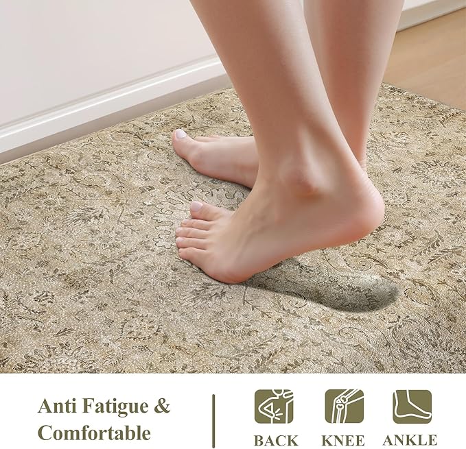Collive Anti Fatigue Kitchen Mats for Floor, Waterproof Kitchens Sink Rugs Cushioned Comfort Standing Desk Mat, Khaki Vintage Non Slip Floral Foam Rug for Laundry, House, Office, 17.3''x28''