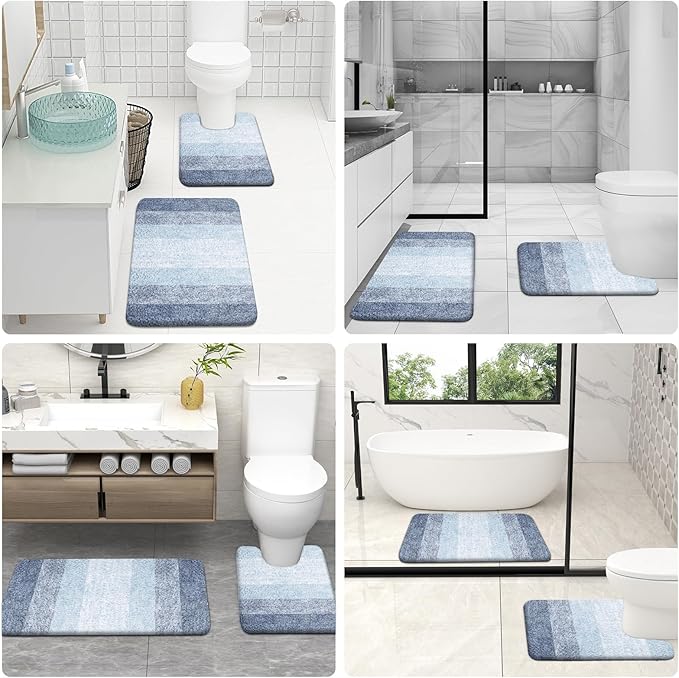 OLANLY Bathroom Rug Set 2 Piece, Soft Absorbent Microfiber Bath Rug Set, Non-Slip, Machine Wash Dry, Plush Shaggy Bath Mats for Bathroom (30"x20"+24"x16", Blue)