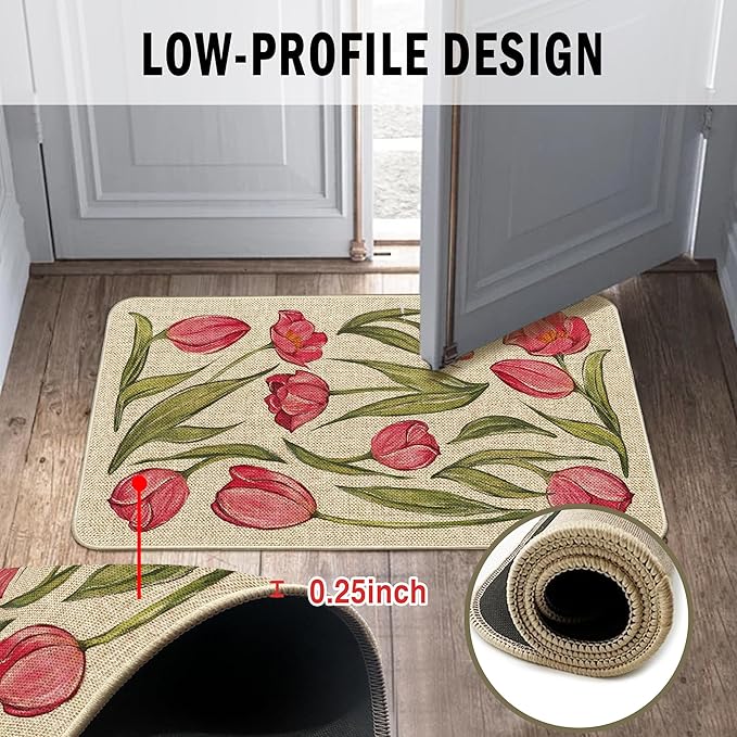 Welcome Spring Door Mat Tulip Flowers Doormat Indoor Outdoor Entrance Summer Decor Outdoor Rug Low-Profile Floor Rug Non Slip Spring Summer Decor Rubber Mats for Home Decoration 17x29Inch