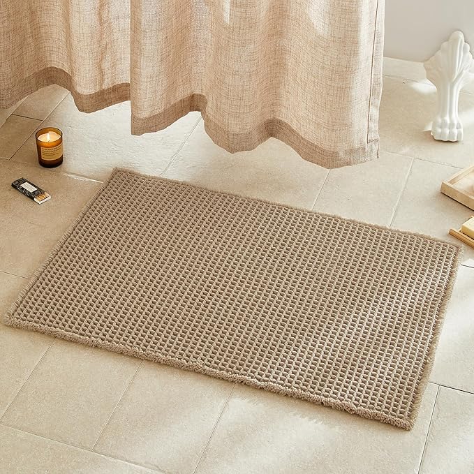 Waffle Bath Mat, Boho Bathroom Rugs Non Slip Washable Super Absorbent Quick Dry Farmhouse Bathroom Decor, 36"x24" / 3' x 2' Khaki