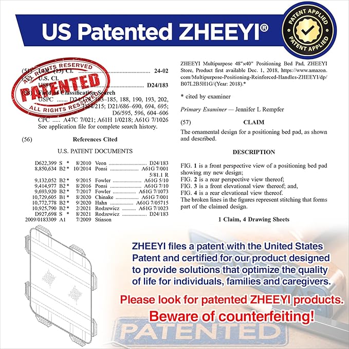 Positioning Bed Pad with Reinforced Handles 43" x 36" Patient Transfer Sheet Aid Assistant for Body Lifting, Turning, Repositioning, for Elderly, Incontinence, Caregiver, Peacock Blue