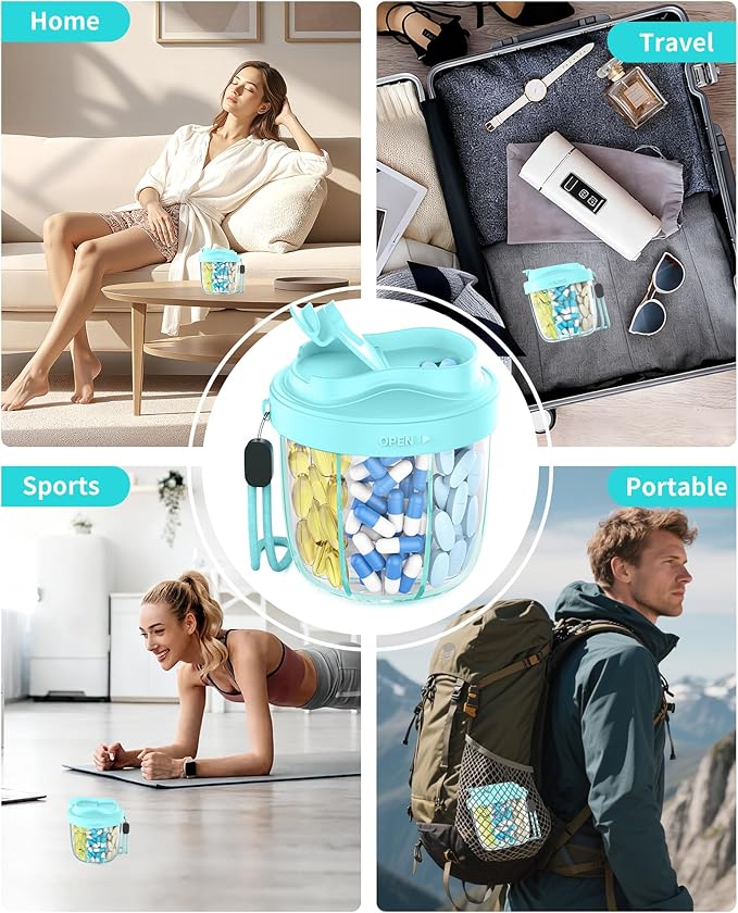 Pill Organizer,Pill Dispenser with 7 Large Compartments,Portable Pill Box for Travel, Anti-Mix Design & Wide Opening Design, Easy Access to Vitamin Dispenser, Includes 20 Blank Stickers（Blue）