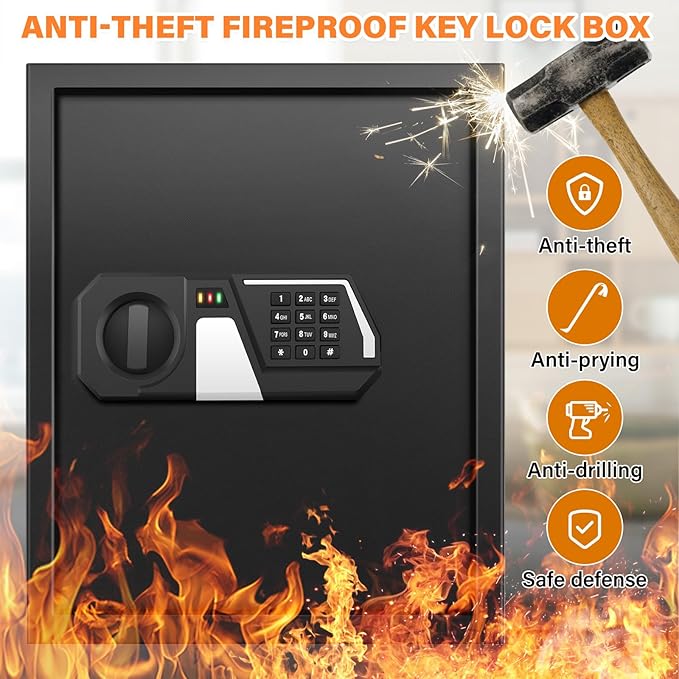 200 Keys Fireproof Key Safe with Hook Plates and Key Tags, Anti-Theft Key Lock Box Wall Mount with Combination Lock, Heavy Duty Key Box Key Cabinet Key Organizer for Home Office Garage