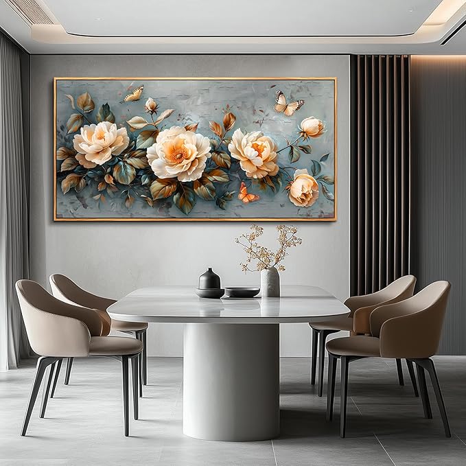 PHAOHUAXM Wall Art For Living Room Large Canvas Wall Decoration For Bedroom White Ink-Wash Flower Wood Frame Paintings Office Restaurant Room Mural Printing Artwork Ready To Hang Home Decor 24"X48"