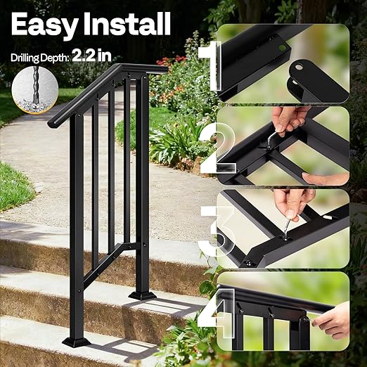 VIVOHOME 2-Pack 2 Step Galvanized Steel Hand Rails for Outdoor Steps – Black Oval and Safety Balusters Exterior Railing for Porch, Deck, or Indoor Stairs, Complete Installation Kit