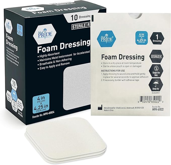 MED PRIDE Foam Dressings for Wounds 4x4in Sterile Non-Adhesive Pads Highly Absorbent Waterproof Medical Foam Padding (10 Count (Pack of 1))
