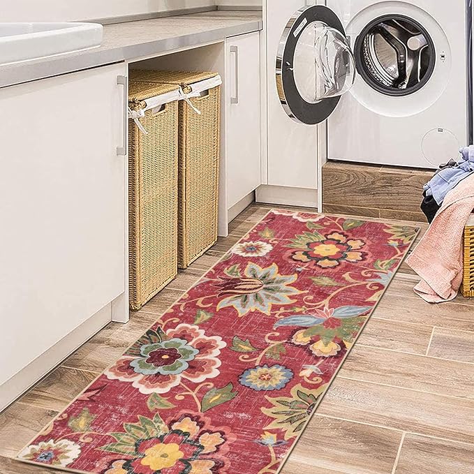 Beeiva Washable Laundry Room Rug Runner, 2x5 Red Ultra Thin Floral Kitchen Rugs Non Slip Washable, Vintage Small Bedside Christmas Rug Runner Lightweight Indoor Carpet for Entryway Bedroom