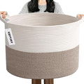 Large Storage Basket with Handle,19.7" L x 19.7" W x 13" H Blanket Basket Storage Bins for Organizing,65L Cotton Rope Woven Baskets for Living Room, Nursery ,Bedroom,White&Brown