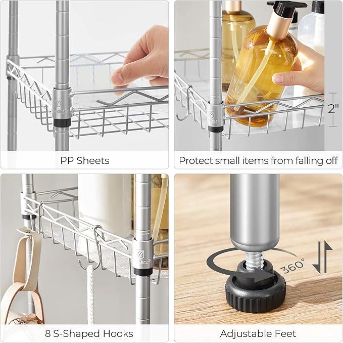 SONGMICS 5-Tier Storage Shelves, Wire Shelving Unit, Kitchen Metal Shelves, Storage Rack with Adjustable Shelves, Shelf Liners, 8 Hooks, for Garage, 11.8 x 15.7 x 47.6 Inches, Silver ULGR115E01