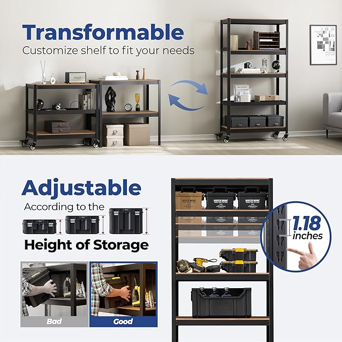 HOMEDANT House 36.2" 5-Tier Metal Rolling Cart Shelf Rack Casters Heavy Duty Laminated Wheel Shelving Unit Adjustable Utility Storage Shelves Shelf Kitchen Garage Black 1Pack