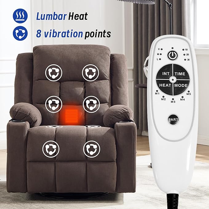Swivel Recliner Chair for Adults with Massage and Heat,Manual Glider Rocking Recliner Chair with Cup Holds and Pockets,Reclining Rocker Chairs for Living Room R8811(Cocoa)
