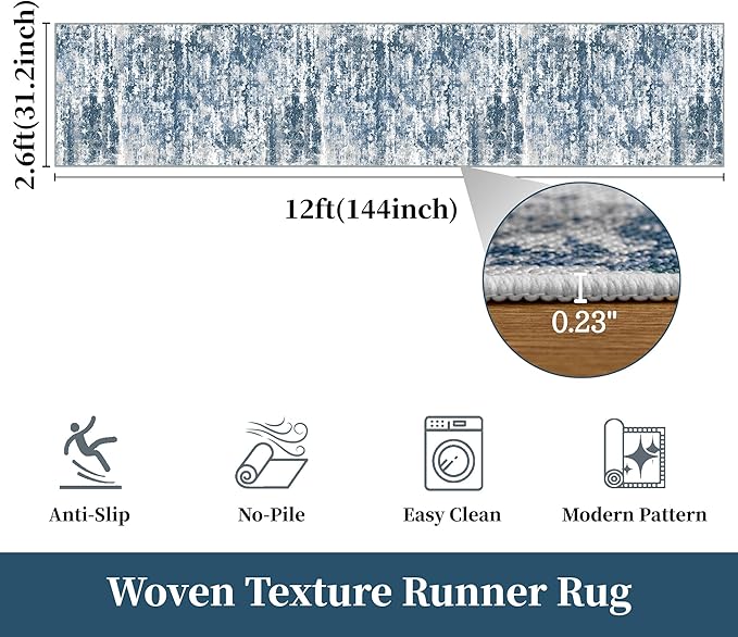 Kitchen Rugs Ultra Non-Slip 2.6x12 Washable Runner Rug Abstract Tear and Stain Resistance No Pile Lightweight Runners for Entryway, Hallway, Walkway, Bedside, Entrance, Blue