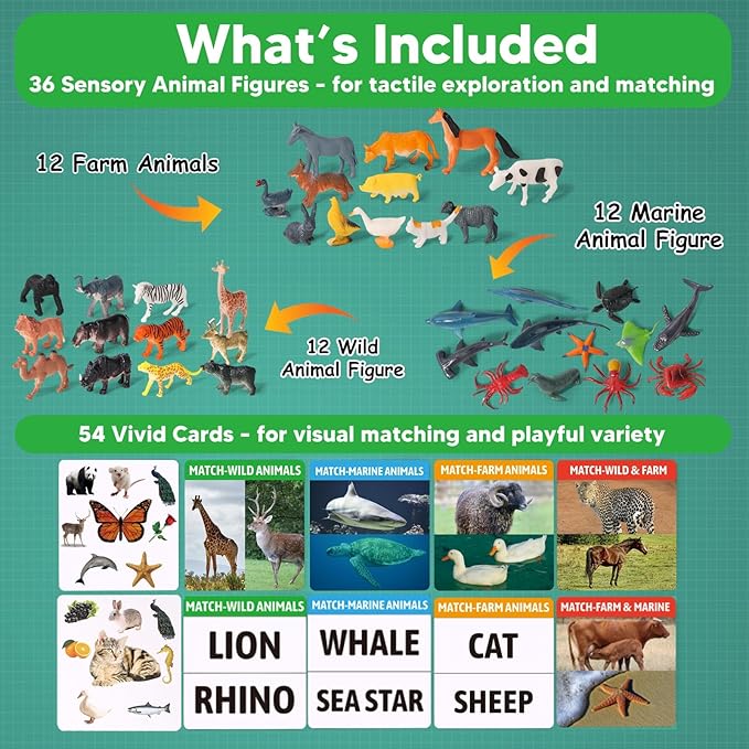 Animal Matching Memory Games for Dementia Patients | Alzheimers Activities Kit w/ 36 Realistic Animal Figures & 54 Cards, Fun Brain Training Product & Meaningful Gift for Seniors and Elderly