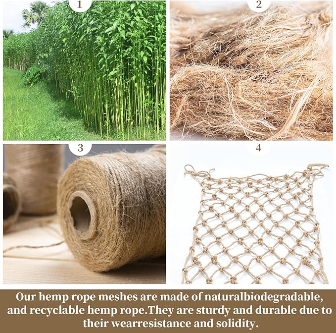 Jute Hemp Rope Net (4ftx8ft), Heavy Duty Natural Climbing Safety Rope Netting Balcony Stairs Fence Garden Playground Protection Net Indoor & Outdoor Decor Rope Net