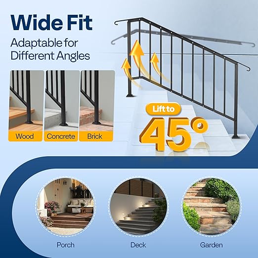 VIVOHOME 2-Pack 5 Step Galvanized Steel Hand Rails for Outdoor Steps – Curved Ends and Safety Balusters Exterior Railing for Porch, Deck, or Indoor Stairs, Complete Installation Kit
