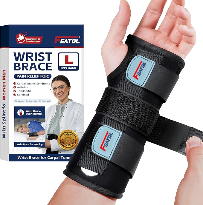 FEATOL Wrist Brace for Carpal Tunnel, Adjustable Night Wrist Support Brace with Splints Left Hand, Large/X-Large, Hand Support for Arthritis, Tendonitis, Sprain, Injuries