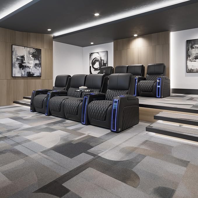 Seatcraft Apex Home Theater Seating - Living Room - Italian Leather - Power Recliner - Power Headrests & Lumbar - LED Armrests - SoundShaker - USB Charging - Cup Holders (Row of 2, Black)