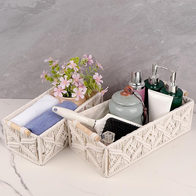 Boho Macrame Storage Baskets - Set of 2 with Leaf Pattern, Cotton Woven Bins for Toilet Tank, Bathroom, Shelf, Entryway Decor, Clutter-Free Space Organizers (White)