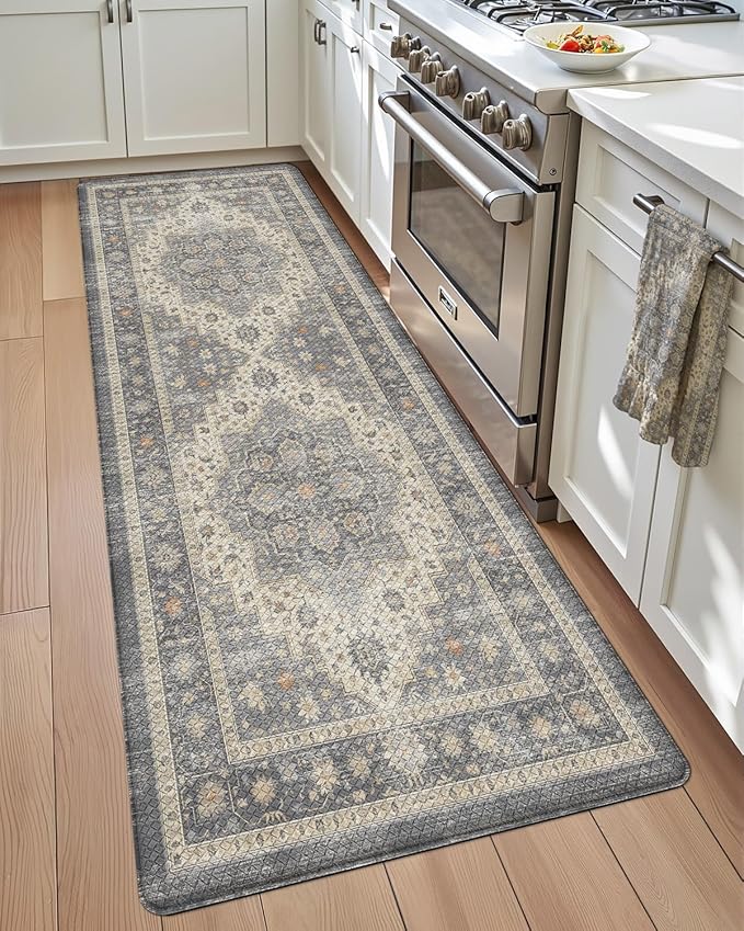 DEXI Kitchen Floor Mats Anti Fatigue, 23x59 Large Cushioned Vintage Runner Rug Waterproof, Standing Comfort Memory Foam Padded for Front Sink Laundry Office, Dark Grey