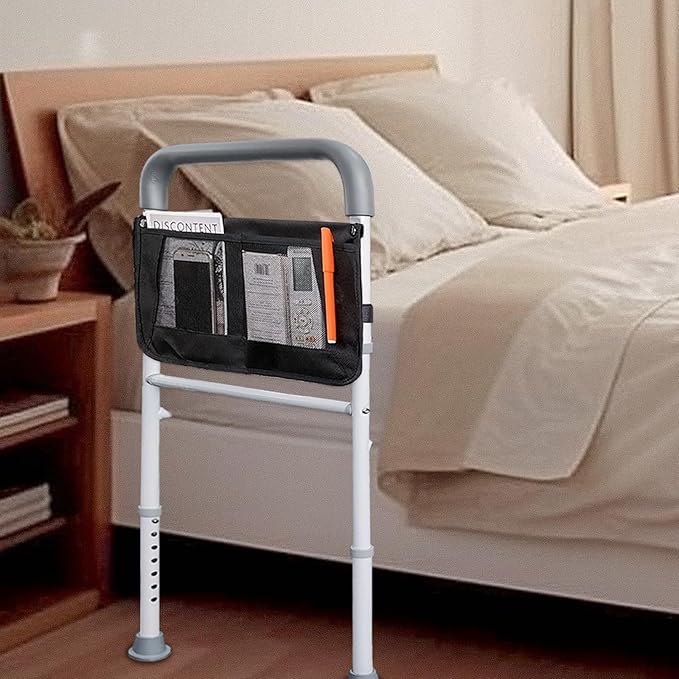 AOHHL Bed Rails for Elderly Adults Safety with Adjustable Heights Storage Pocket Assist Support Side Railings for Seniors Citizens Slides Under Mattressbed Cane Bed Handles Bars (Light Grey)