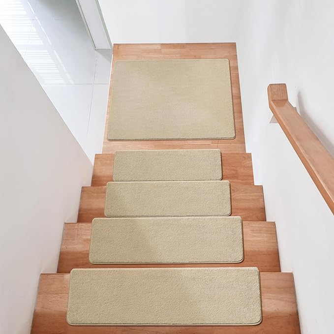 PURE ERA Carpet Stair Treads Ultra Plush 9.5" X 30"Soft Bullnose Indoor Stair Protectors Pet-Friendly Non-Slip Skid Resistant Tape Free Washable Reusable(2 Pieces,Beige)